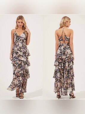 ASTR The Label Floral Tiered Maxi Dress Size L Backless Cutout Boho Wedding